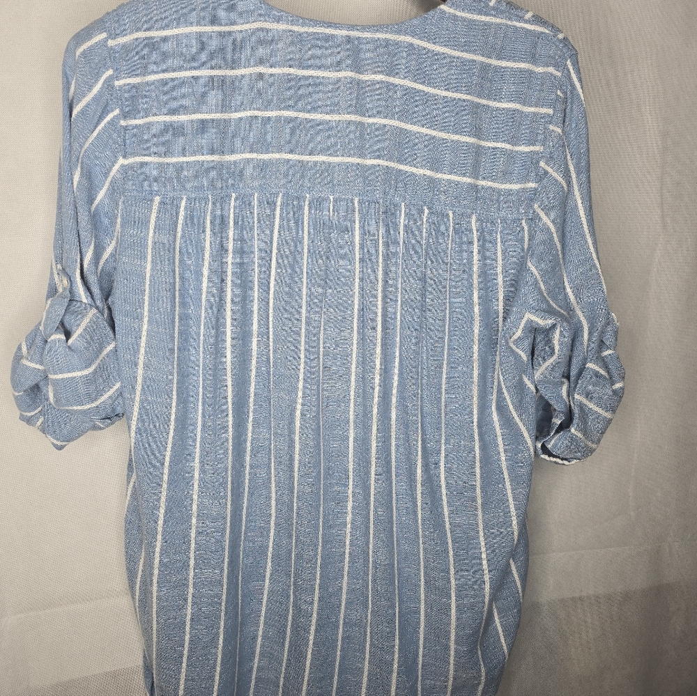 Nine West Lucy Popover Tunic Top Blue White Stripes 3/4 Roll Tab Sleeves M - Picture 6 of 12